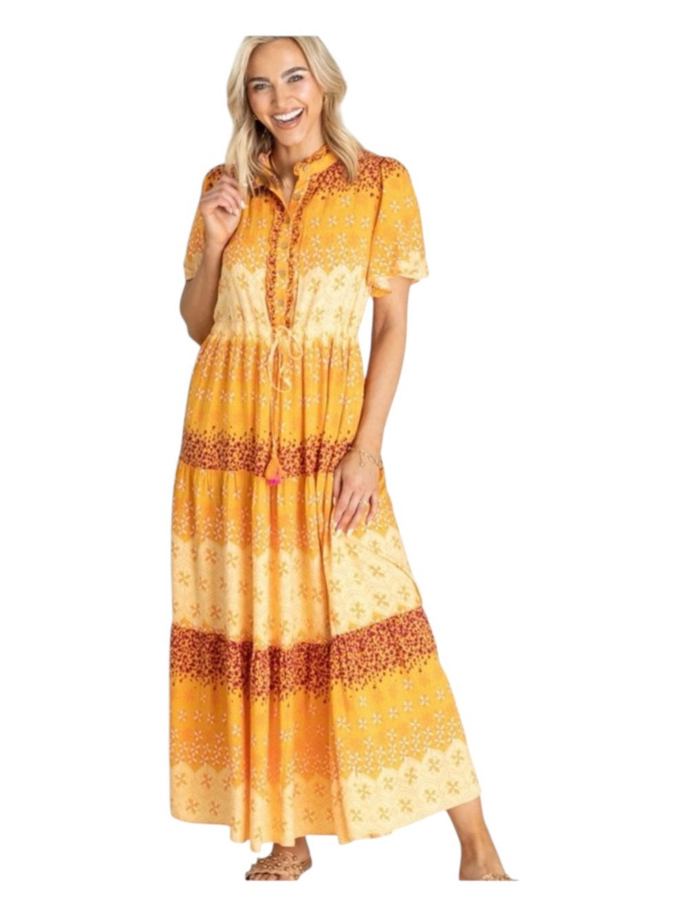 EASEL Tangerine Border Printed Challis Maxi Dress, Size L.